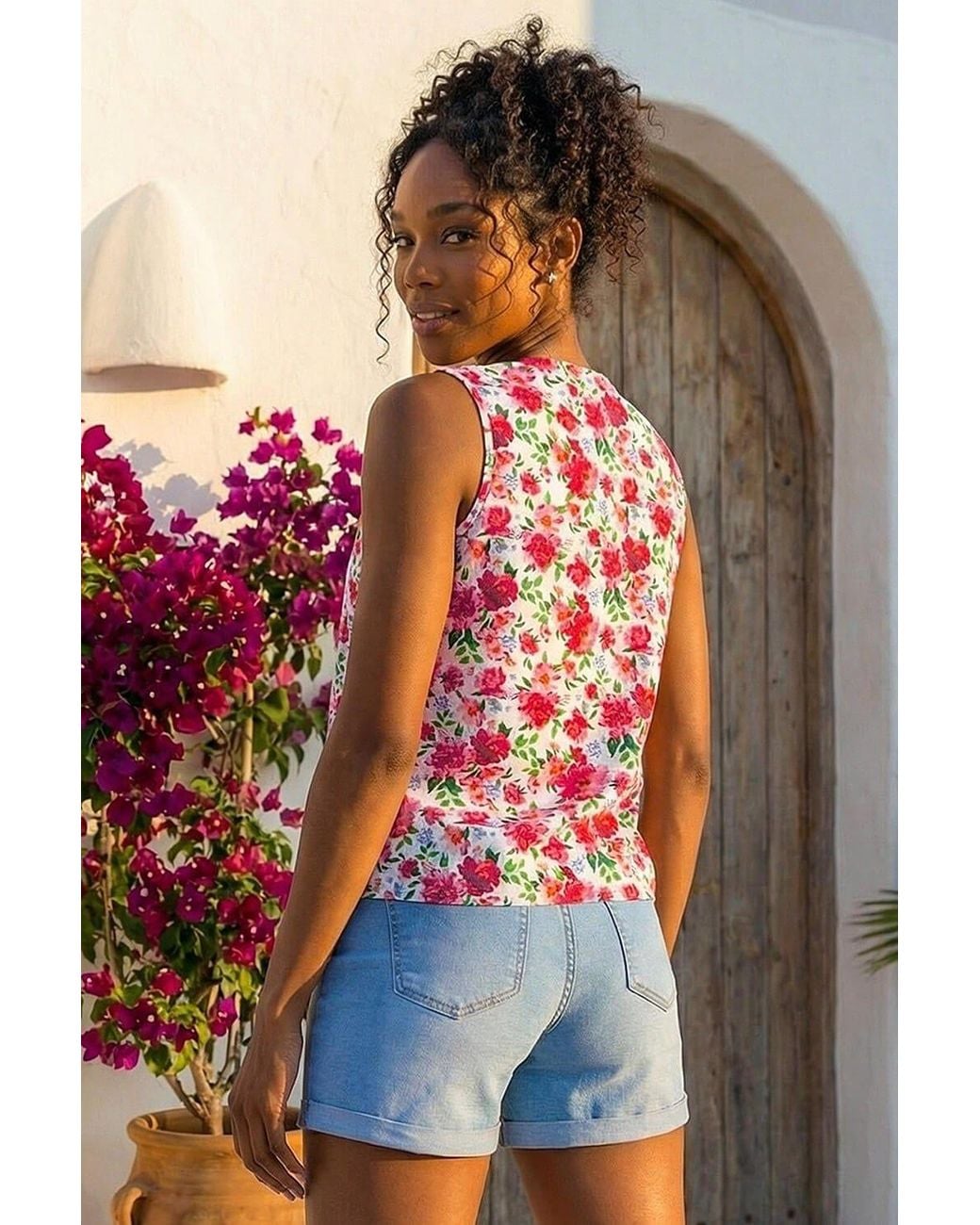 Roman Red Floral Tie Front Blouse