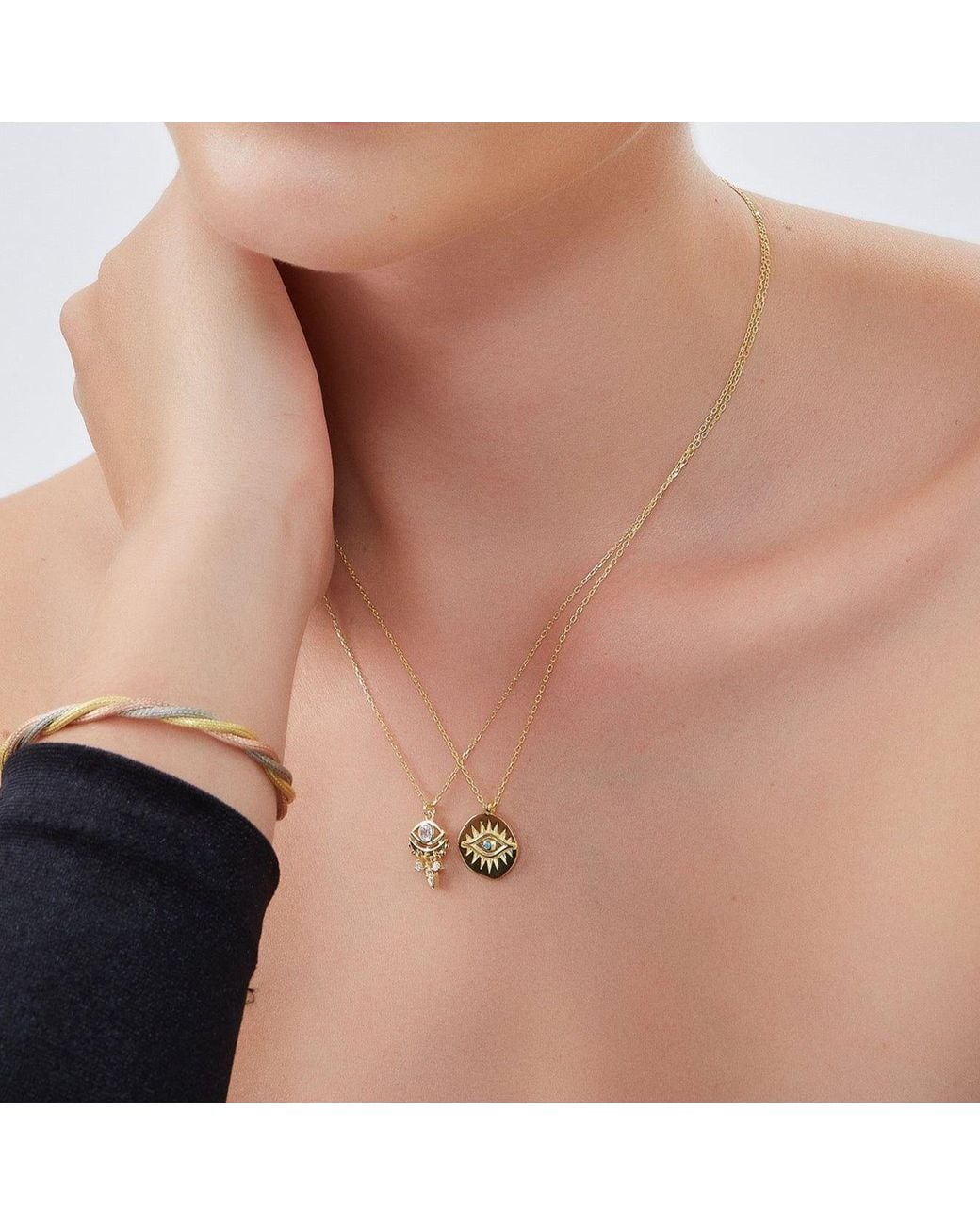 Spero London Metallic Eye Coin & Rectangular Chain Sterling Evil Eye Necklace Set