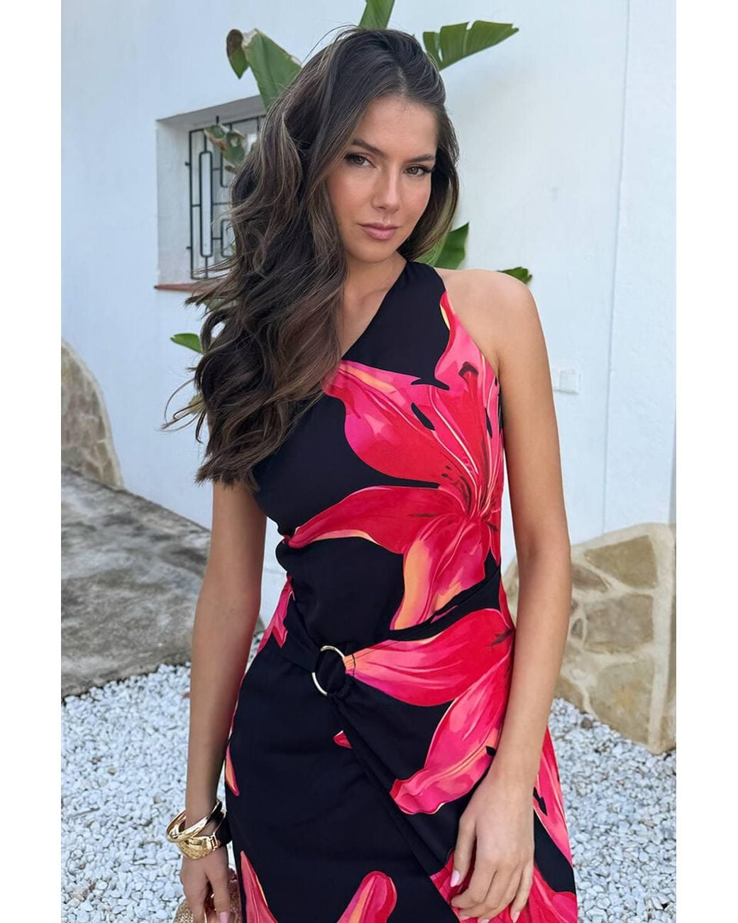 AX Paris Black Coral Floral Print One Shoulder O-Ring Midi Dress