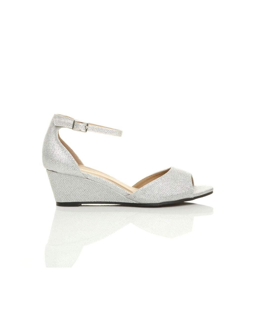 AJVANI White Mid Wedge Heel Ankle Strap Glitter Sandals