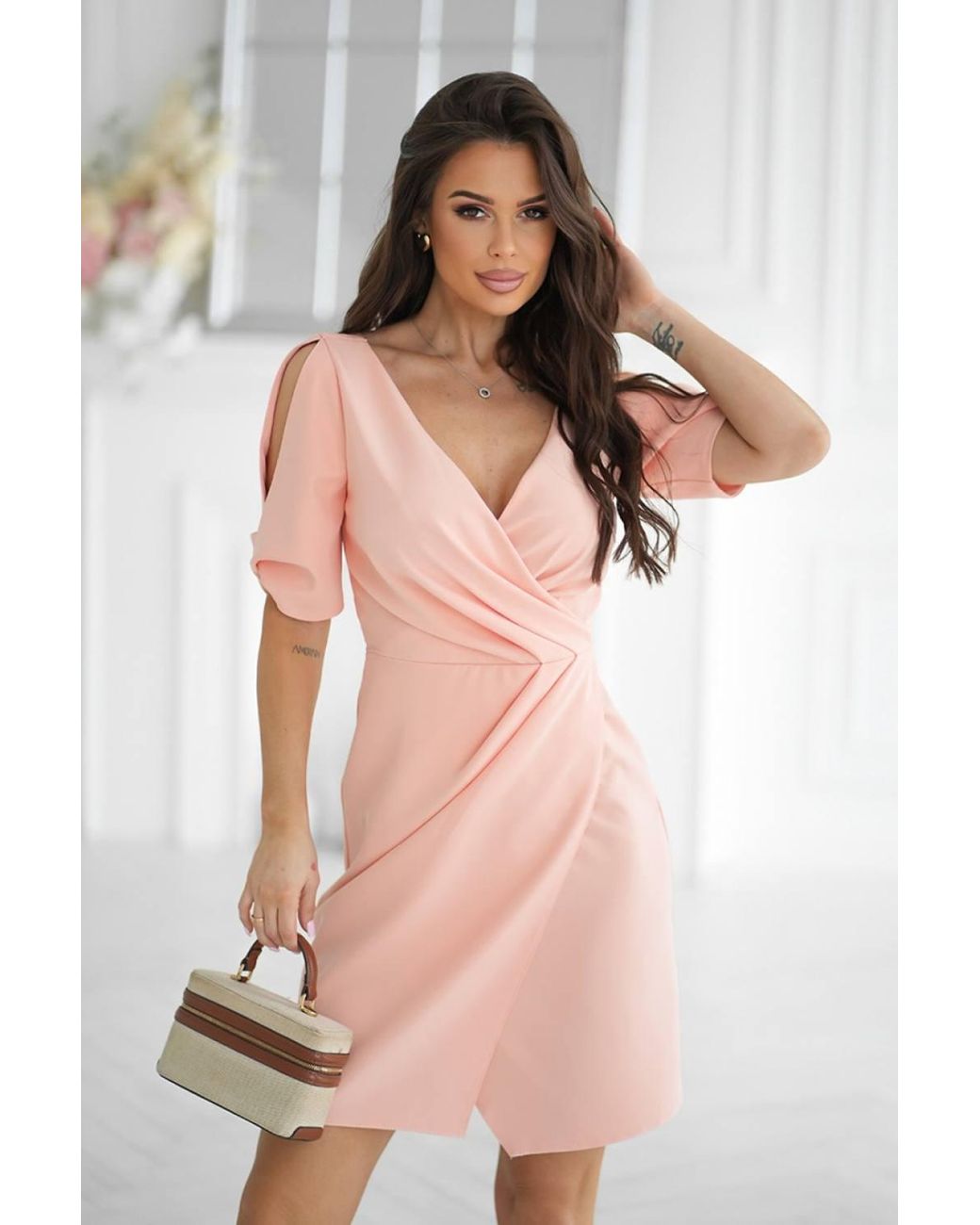 Love Lace Pink Wrap 3/4 Sleeve Bodycon Dress With Slit