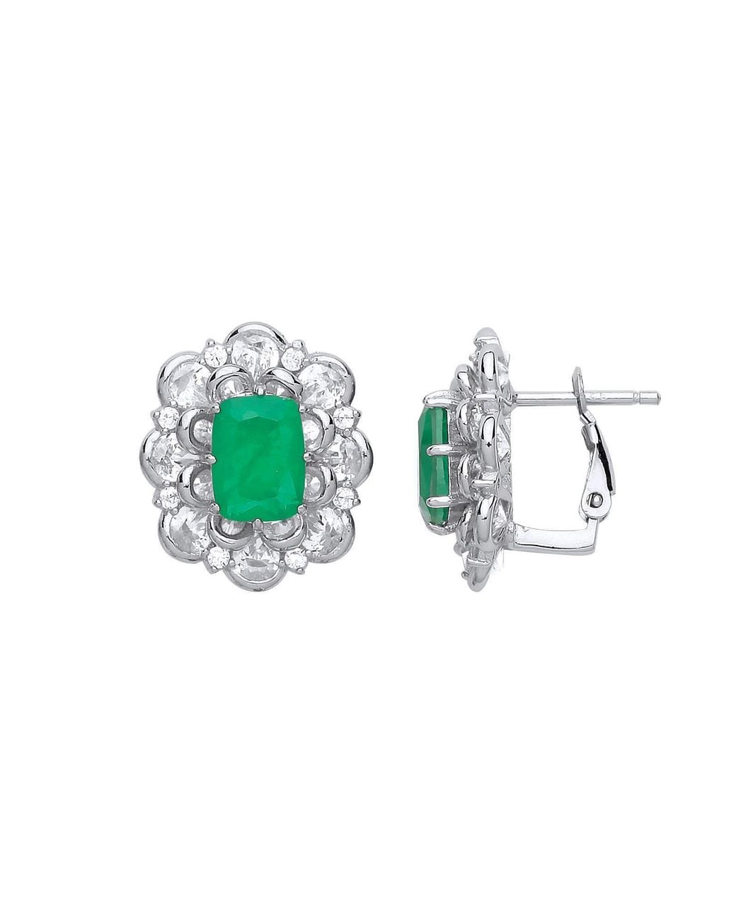 Jewelco London Green Cushion Cz Supernova Flower Cluster Drop Earrings