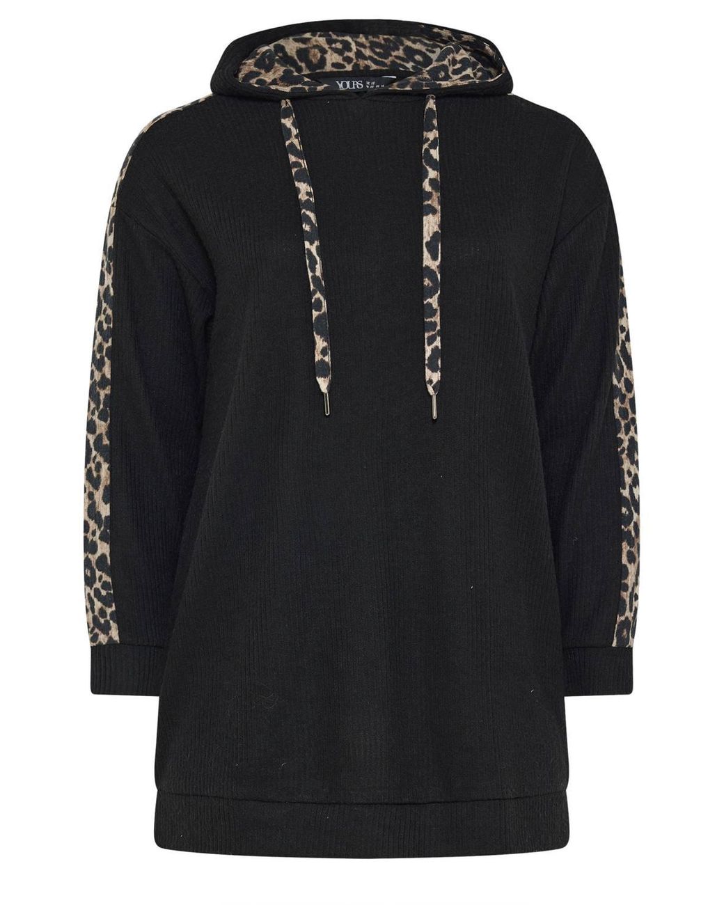 Yours Black Leopard Print Trim Hoodie