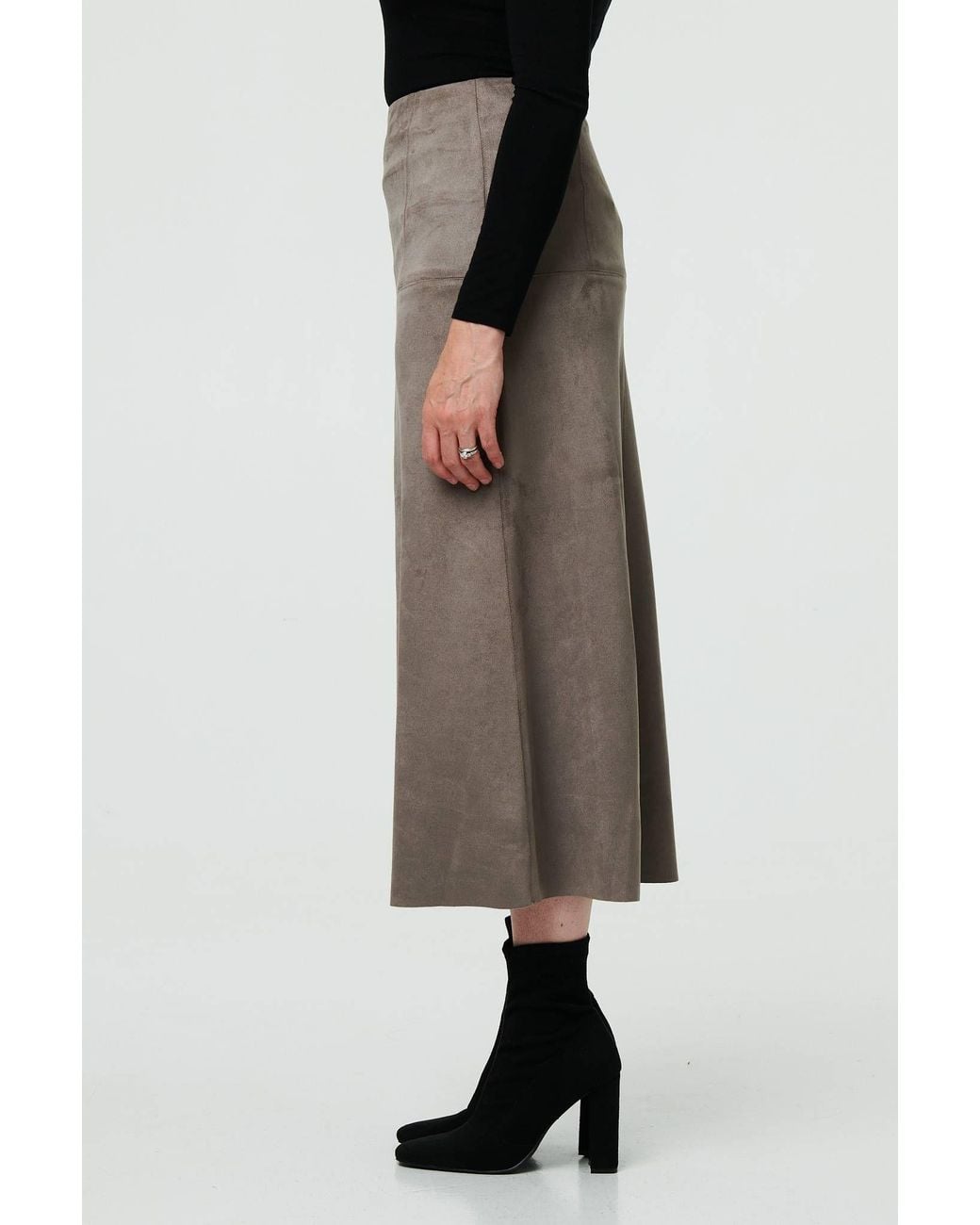 Izabel London Gray Faux Suede A-Line High Waist Midi Skirt