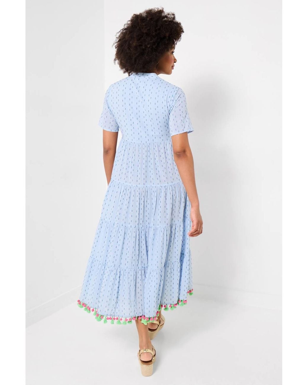 Joe Browns Blue Embroidered Midi Dress With Tie Neckline & Tassel Trim