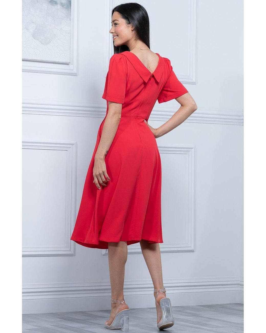 Jolie Moi Red Debora Button Neck Dress