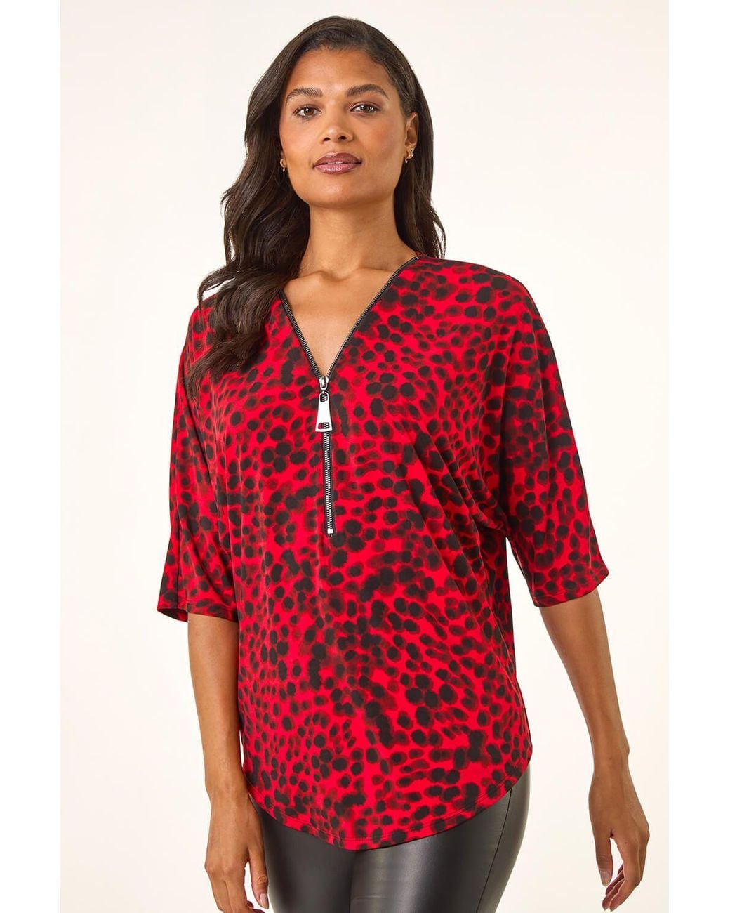 Roman Red Animal Print Zip Front Stretch Top