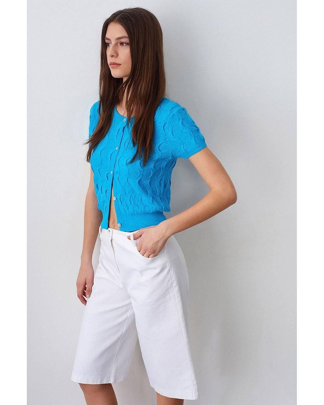 Dilvin Blue Cropped Jacquard Button Cardigan