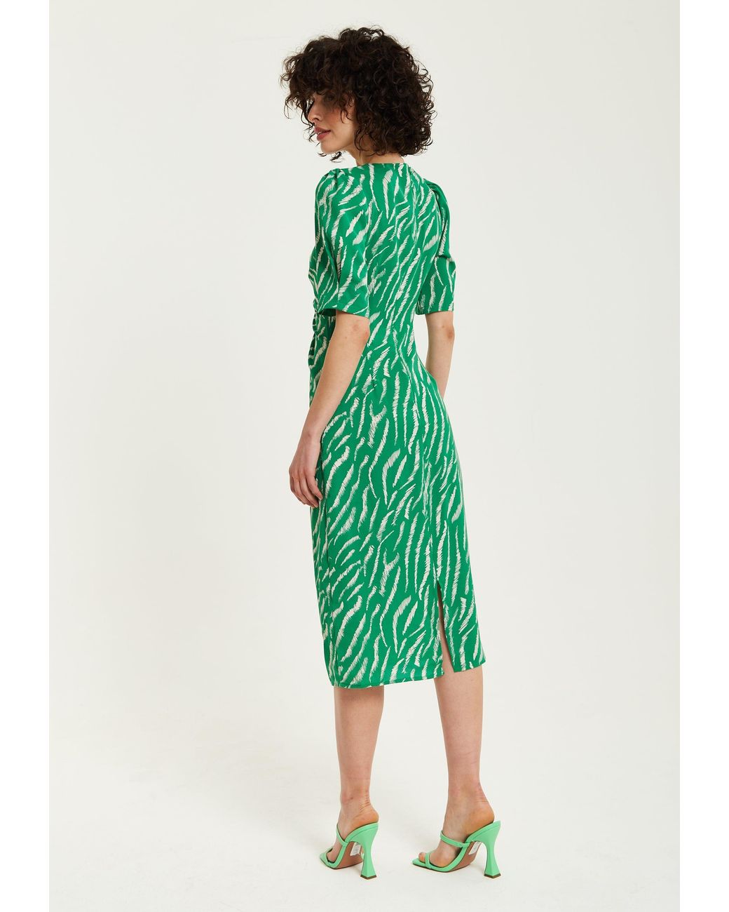Liquorish Green Zebra Print Knot Front Midi Dress With Short Sleeves