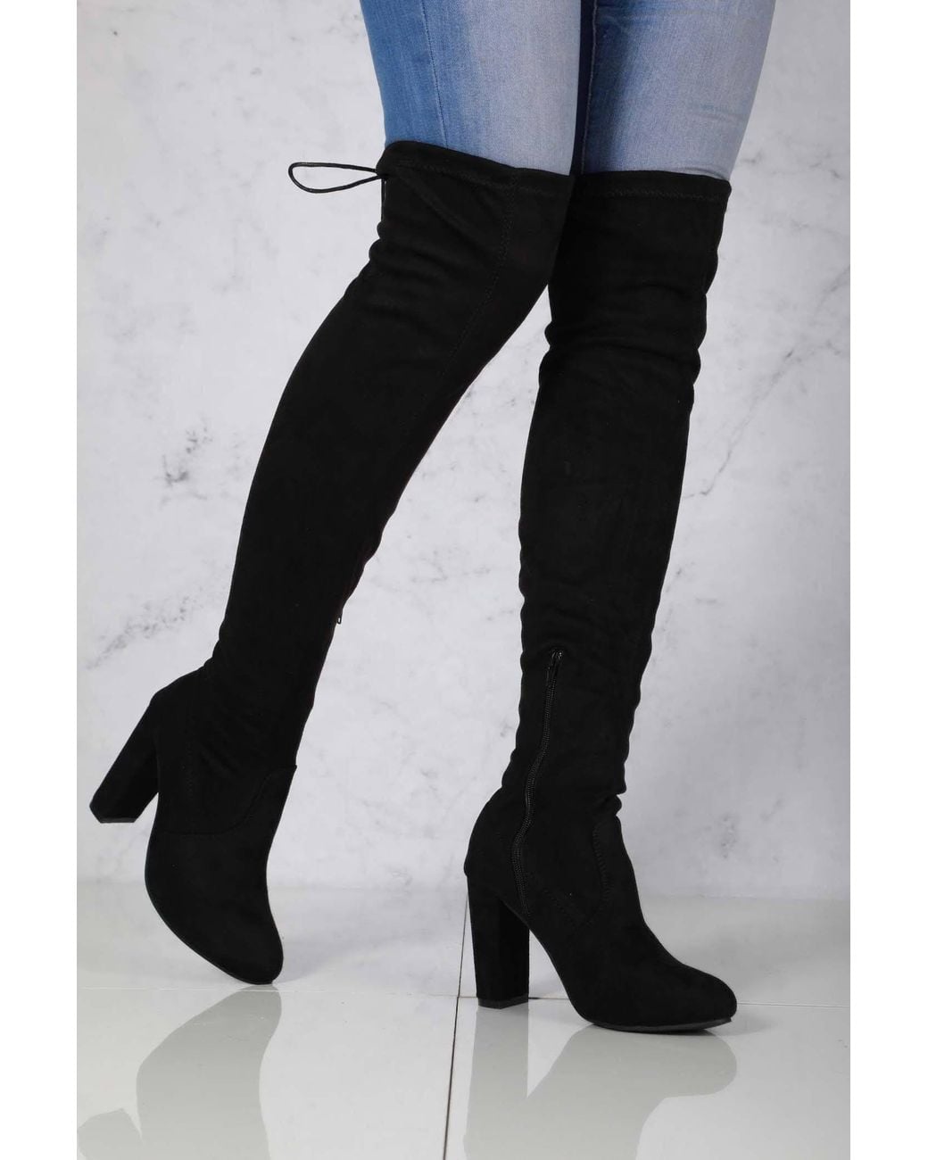 Miss Diva Black Cinda Block Heel Slim Over Knee Faux Suede Boots