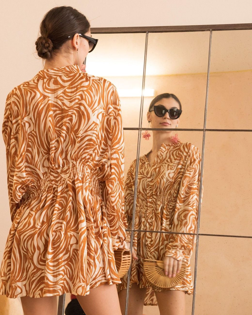 CY Brown Rose Scarf Print Mini Shirt Dress