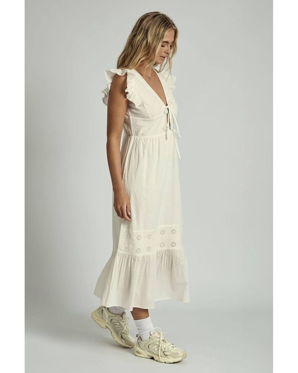 Native Youth Natural Cotton V-Neck Ruffle Sleeve Tie Embroidered Midi Dress
