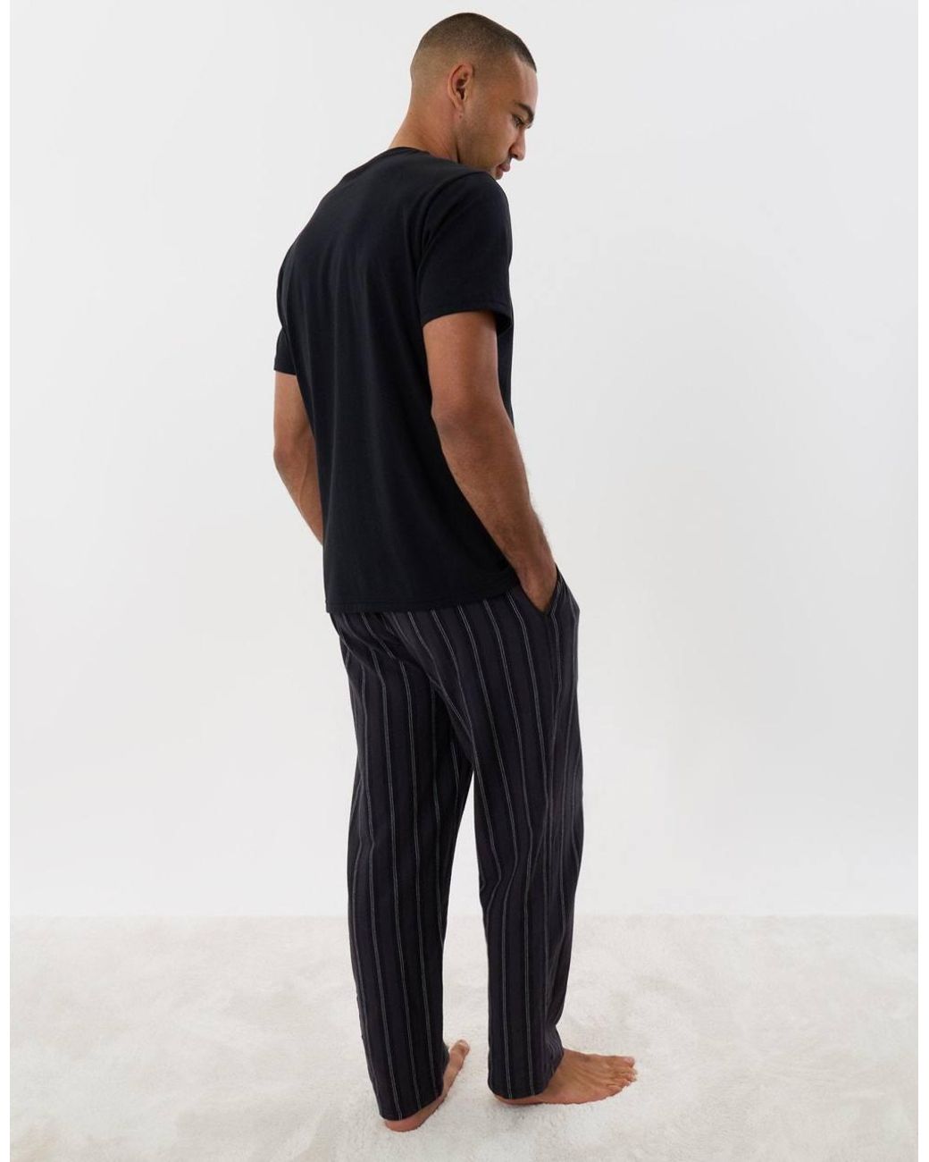 Threadbare Black T-Shirt & Cotton Flannel Trousers Pyjama Set for men