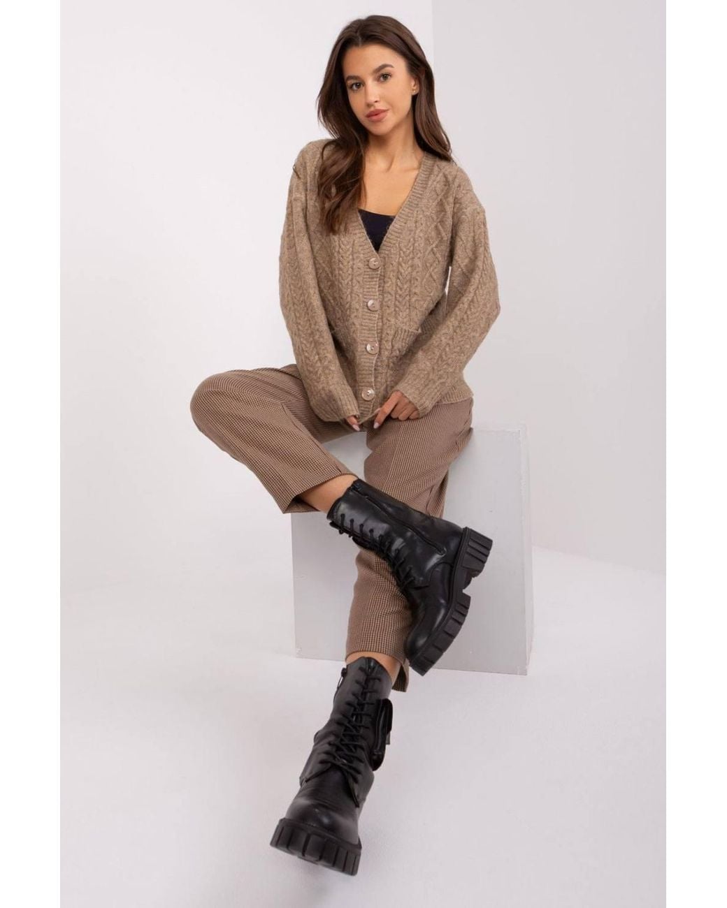 Love Lace Brown Variegated Texture Button V Neck Cardigan