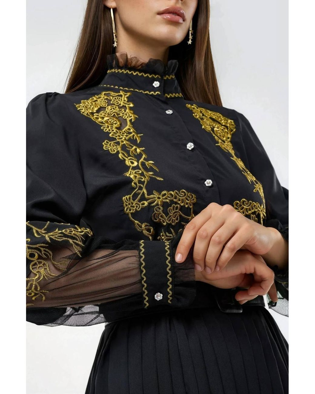 Msn-Collection Black Embroidered Mandarin Collar Mini Dress