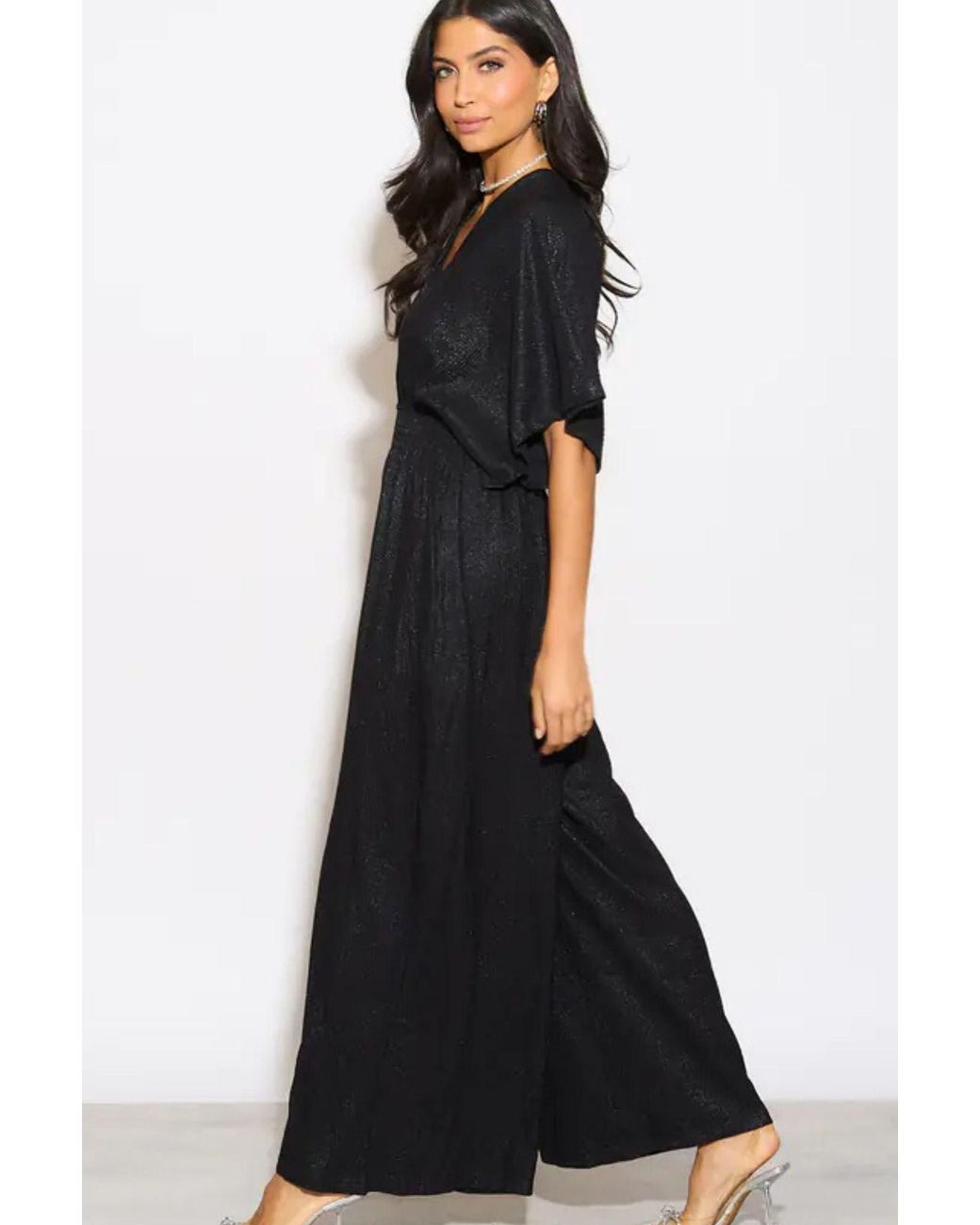 SARTA Black Metallic V-Neck Wideleg Jumpsuit