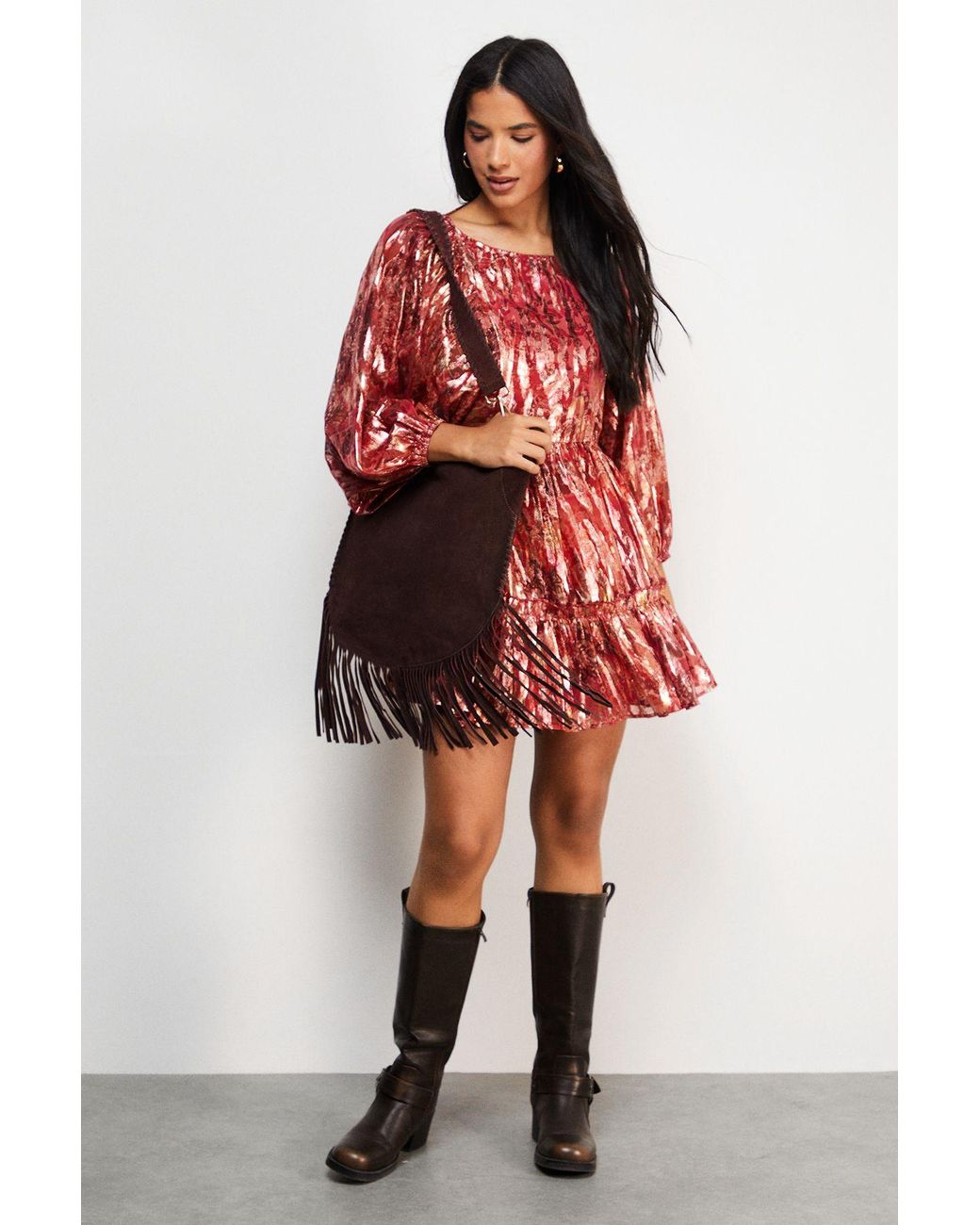 Warehouse Red Metallic Jacquard Volume Sleeve Mini Dress