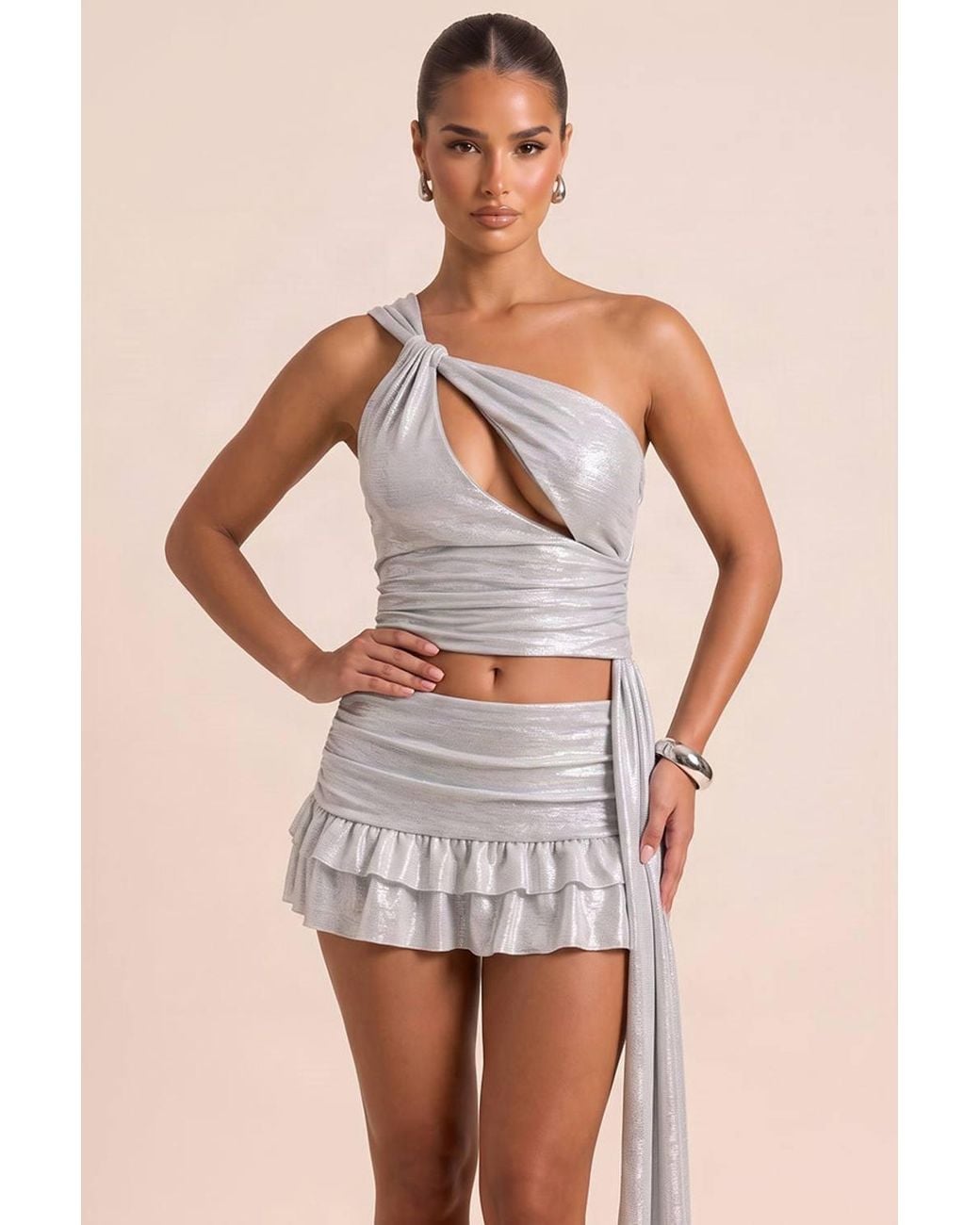 Rebellious Fashion Natural Jada Metallic Asymmetric Draped Ruffle Skirt Co-Ord Set