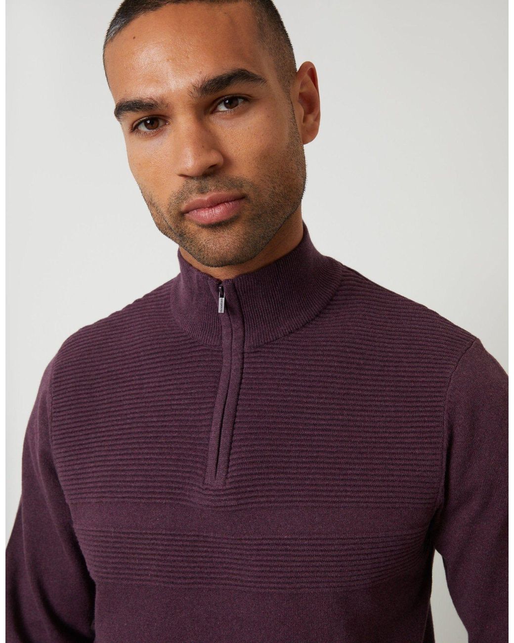 Threadbare Purple Rib Detail Knitted Quarter Zip Jumper for men