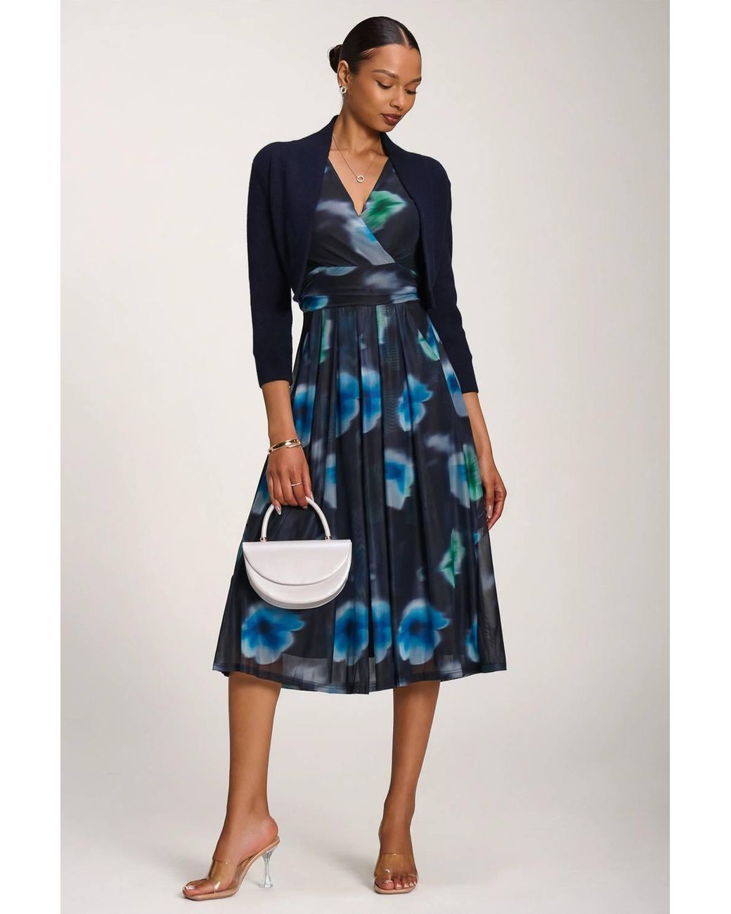 Jolie Moi Blue Long Sleeve Printed Mesh Midi Dress