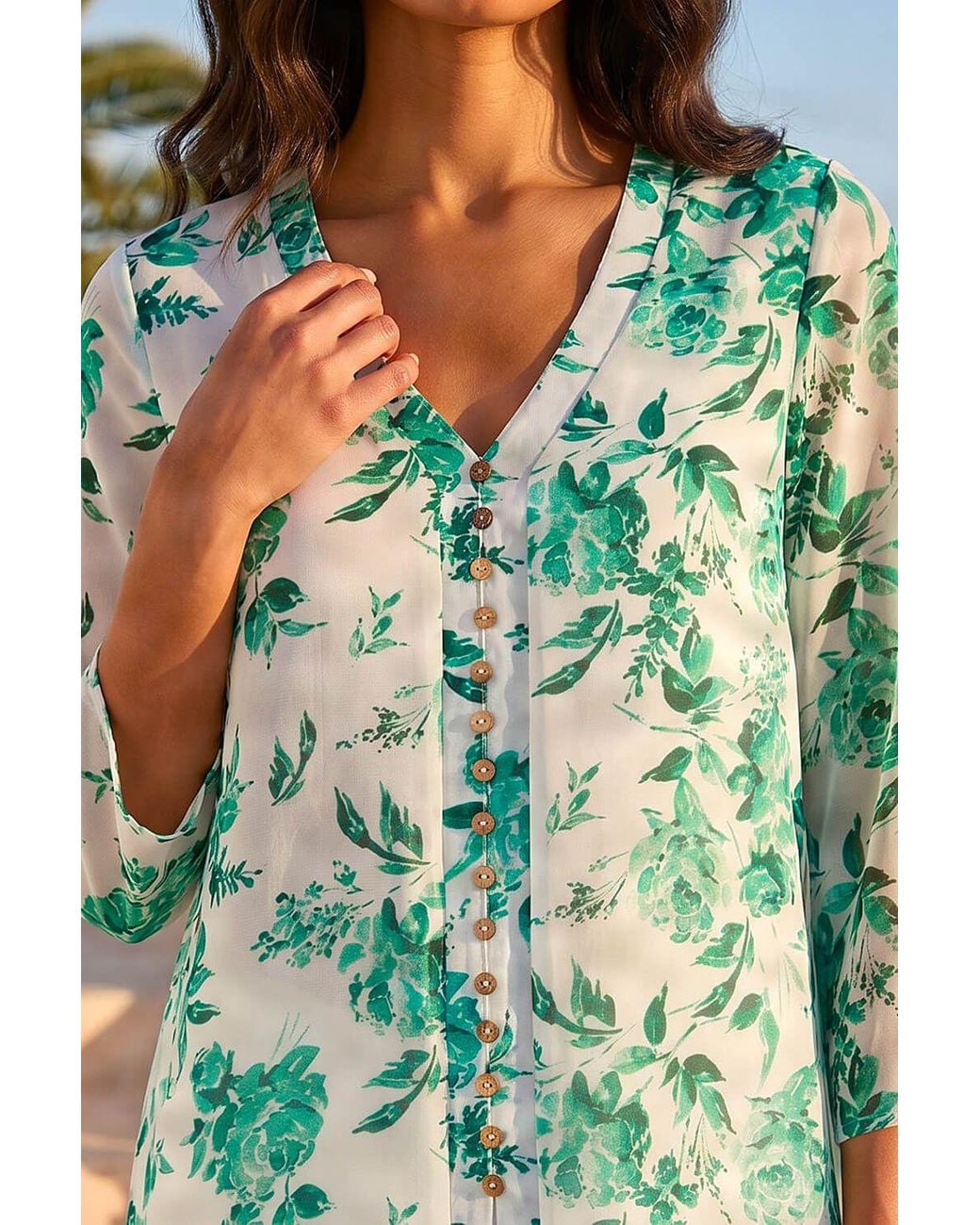 Roman Green Floral Print V-Neck Button Front Top