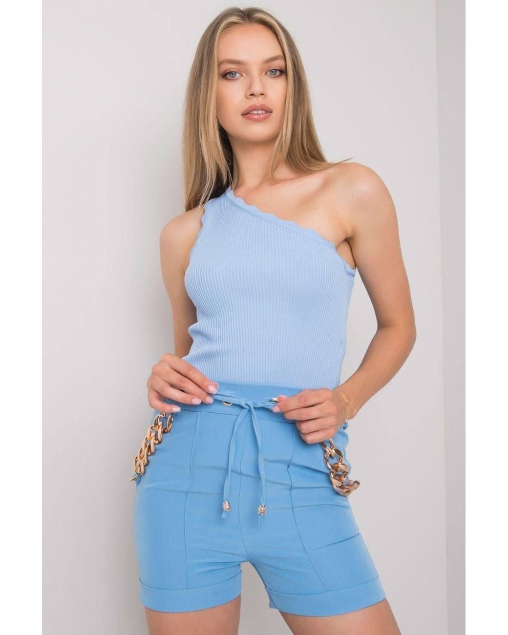 Love Lace Blue Ribbed One Shoulder Stretch Top Style 181692