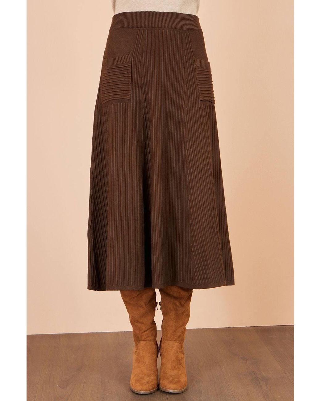 Yumi' Brown Knitted Midi Skirt With Pockets