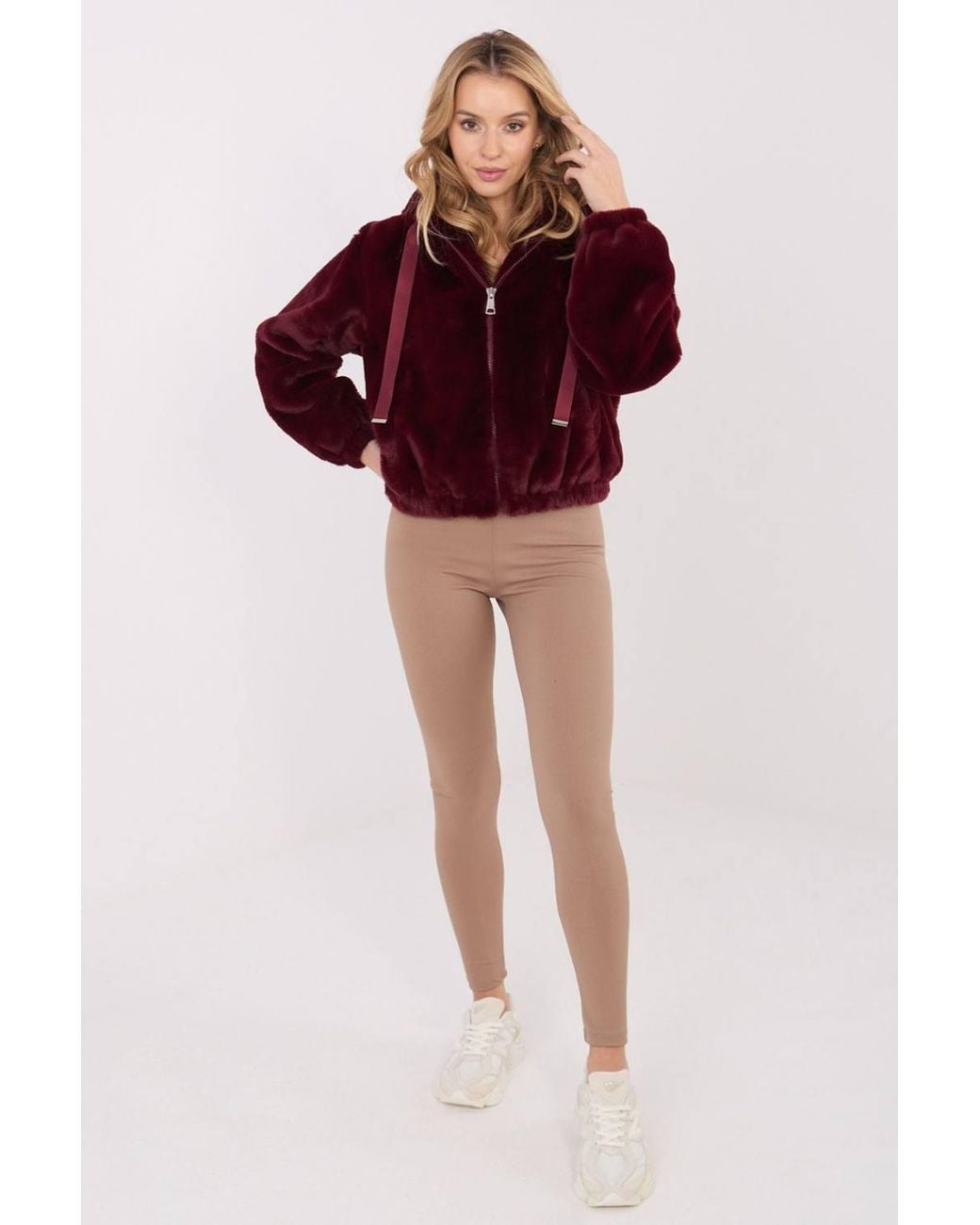 Love Lace Red Hooded Short Faux Fur Transitional Jacket Style 222106