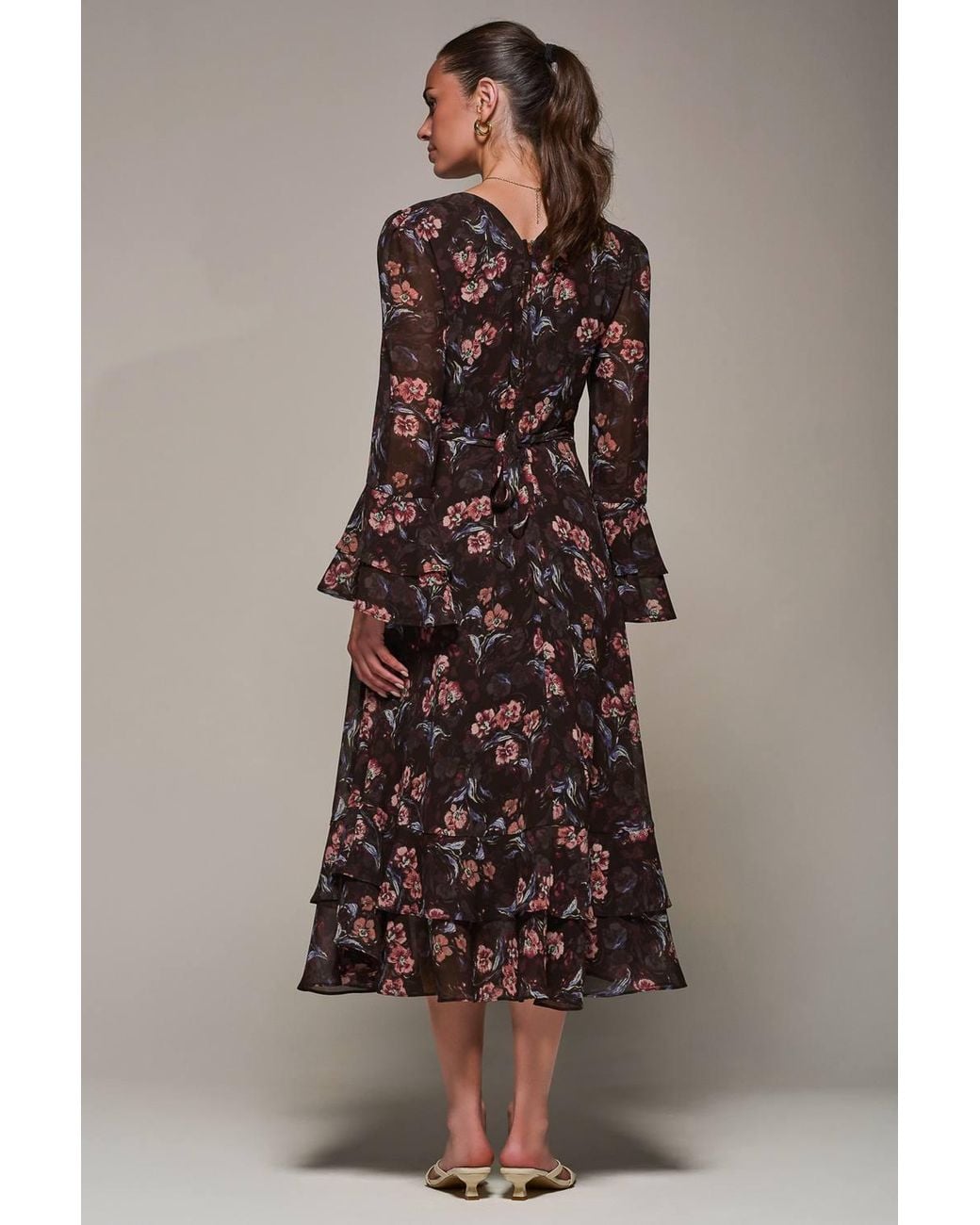 Jolie Moi Brown Long Sleeve Chiffon Frill Midaxi Dress