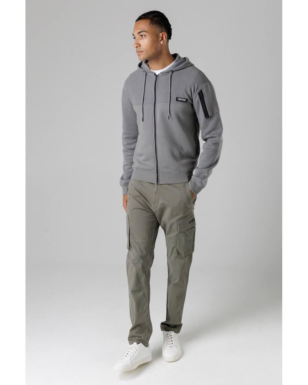 Firetrap Gray Regular Fit Cotton Rich Zip Through Hoody With Sleeve Pocket for men