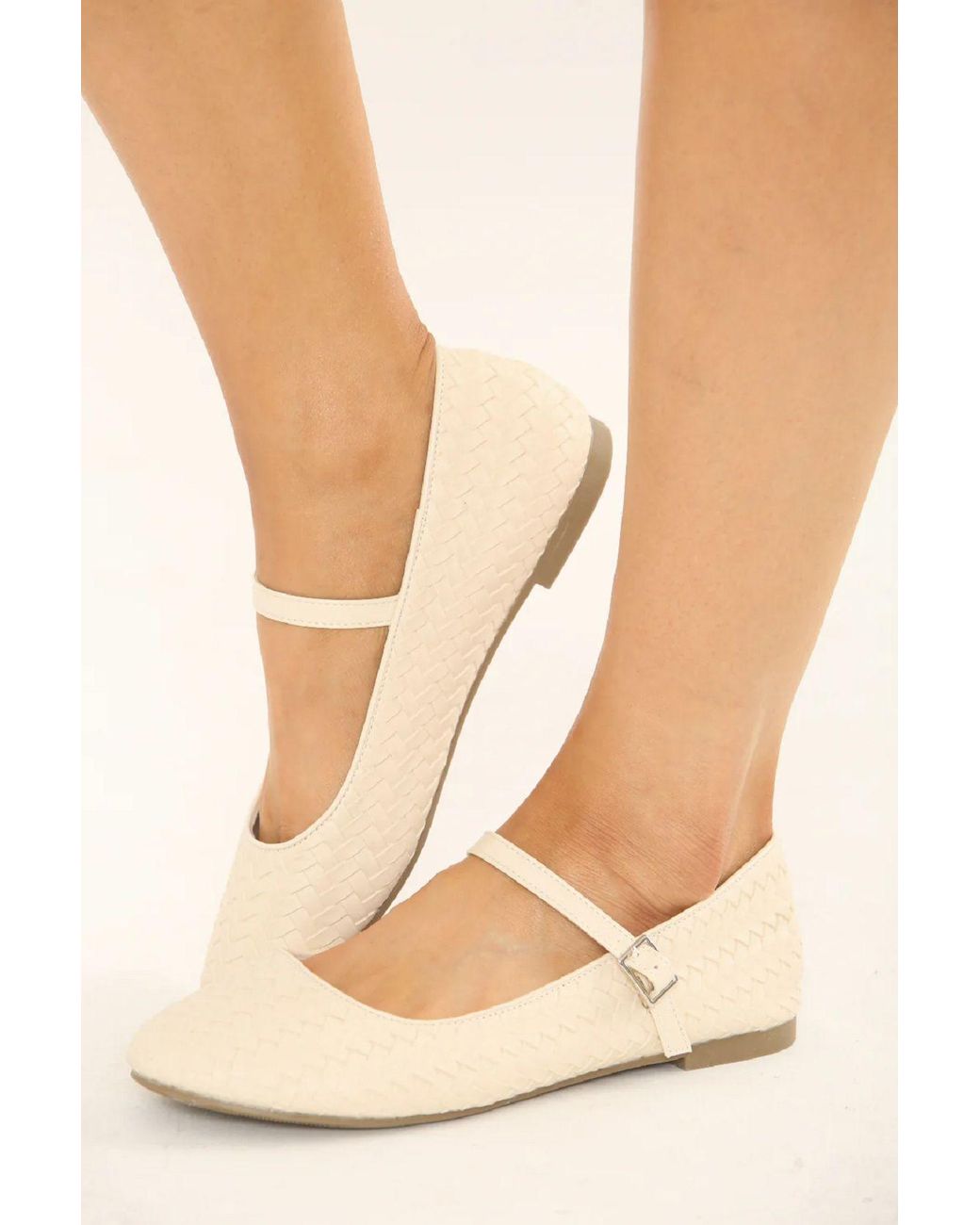 LARANGE White Pu Woven Slip On Flats Ballerina Shoes Strap Mary Jane