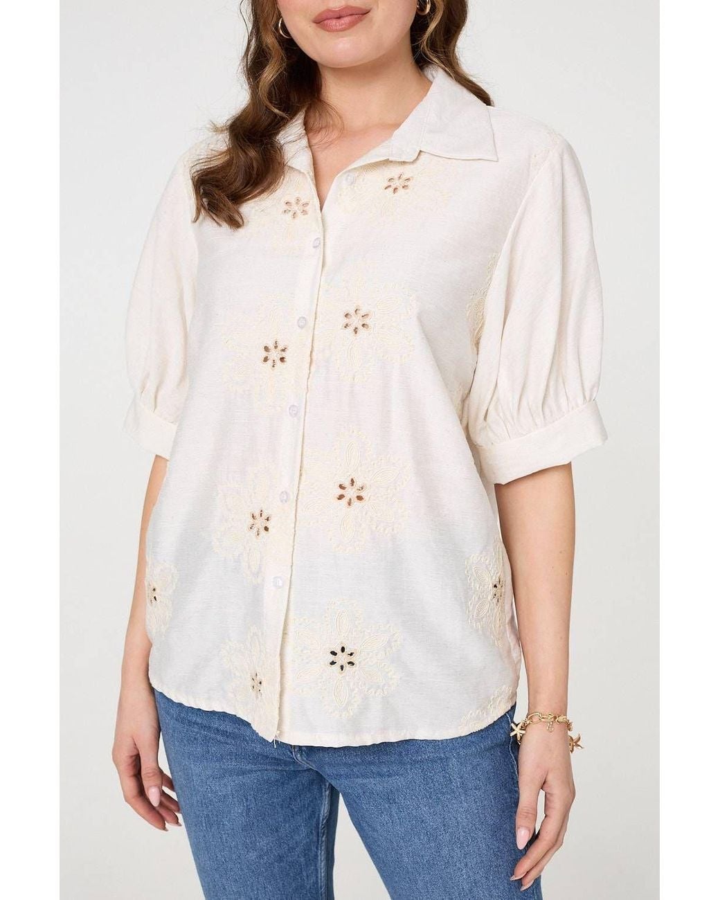 Izabel London White Floral Embroidered Puff Sleeve Blouse