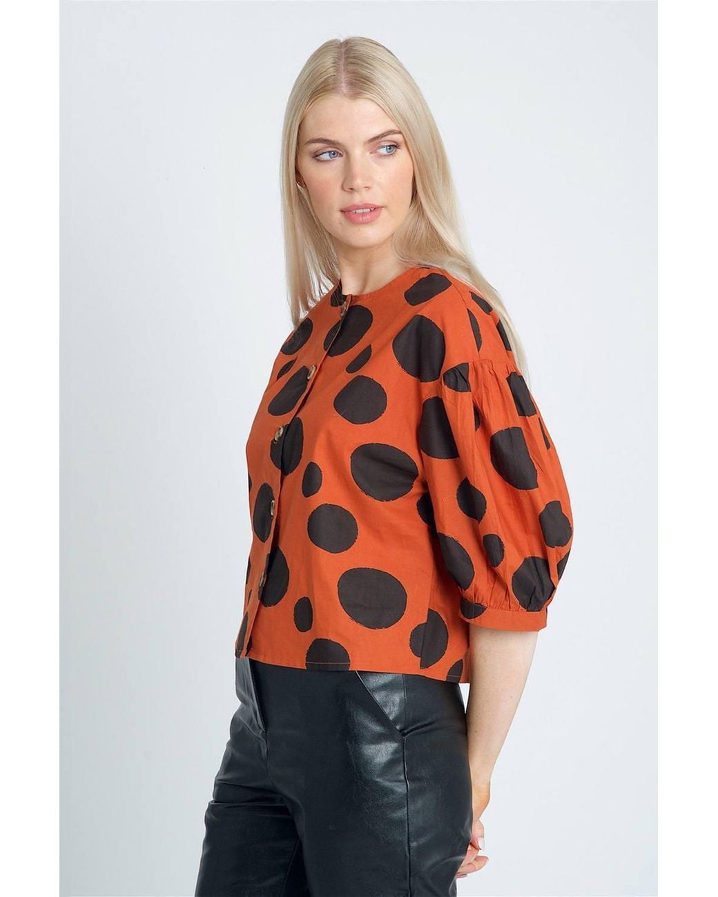 Native Youth Red Polka-Dot Printed Button-Up Puff Sleeve Blouse