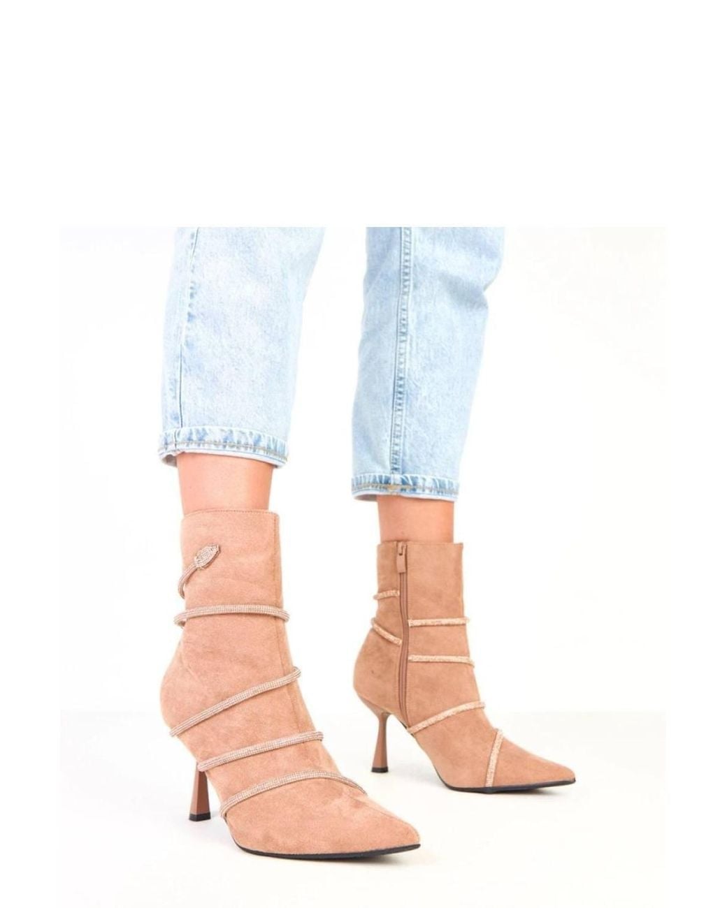 Love Lace Blue Elegant Suede Ankle Boots With Zircon Strap Shine Stiletto Heel