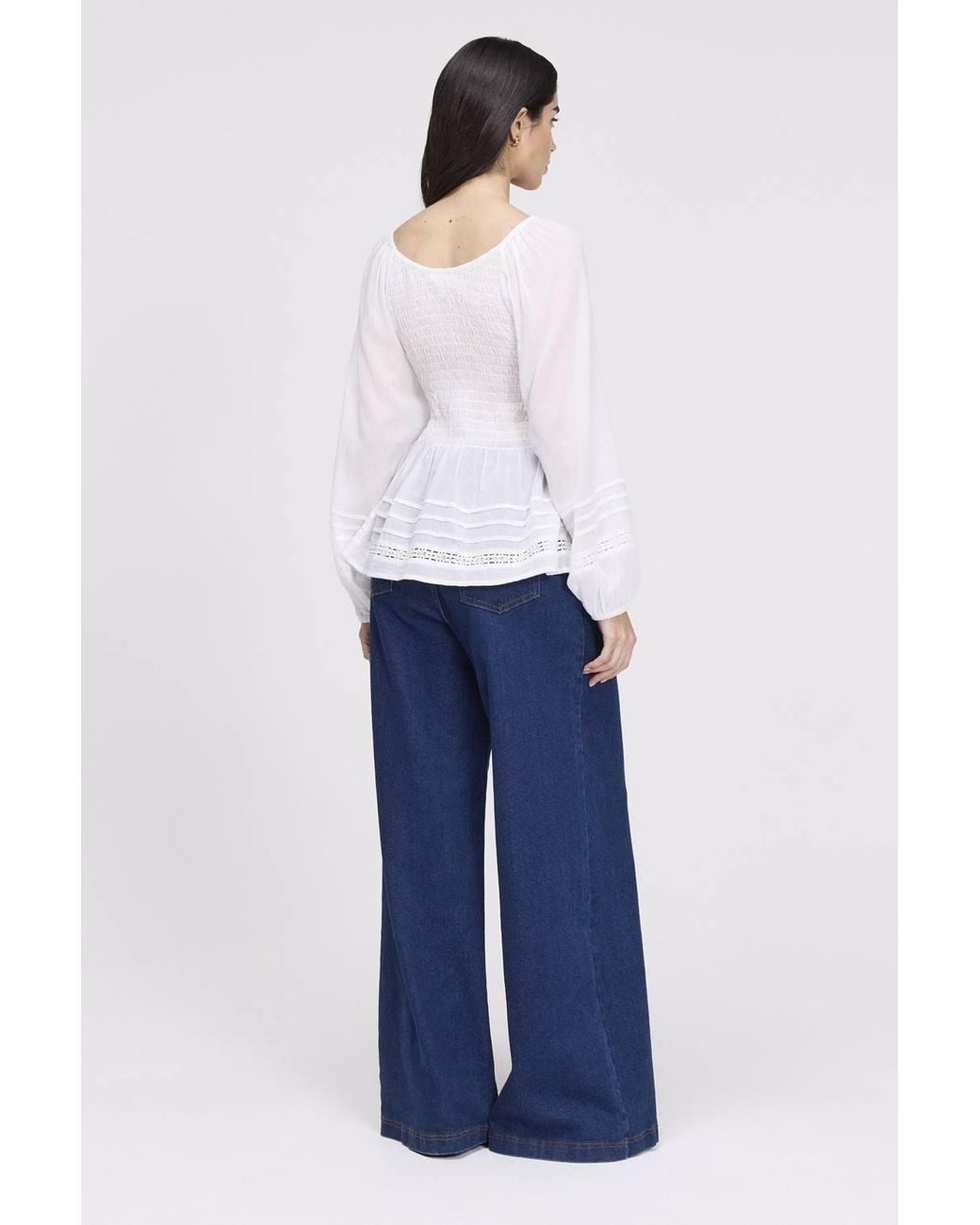 Finery London Blue Jennie Shirred Long Sleeve Cotton Top