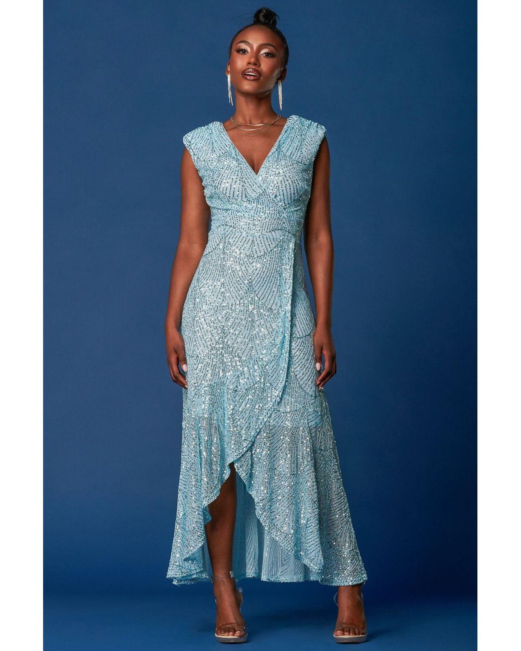 Jolie Moi Blue Sequin High Low Hem Maxi Dress