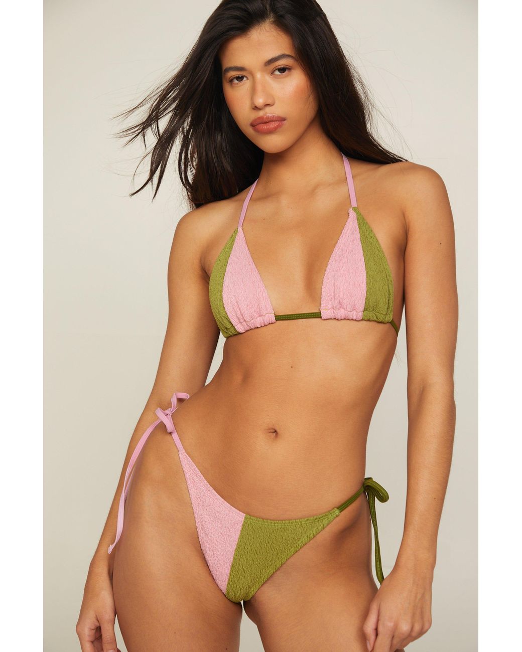 Nasty Gal Textured Splice Triangle Bikini Set in Green