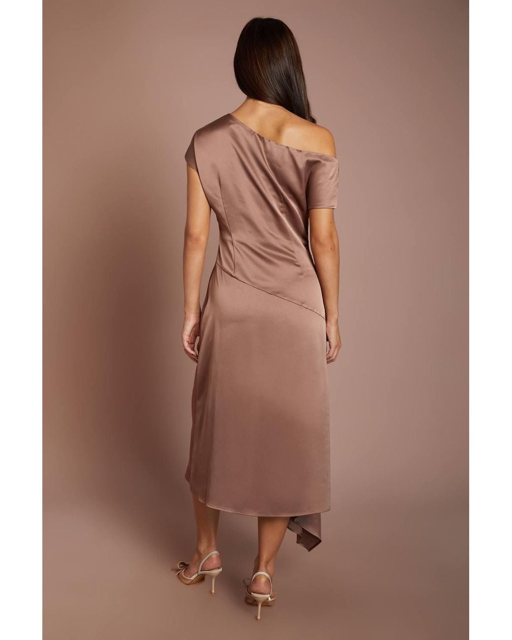 Coast Brown Off The Shoulder Asymmetric Hem Satin Midi Dress