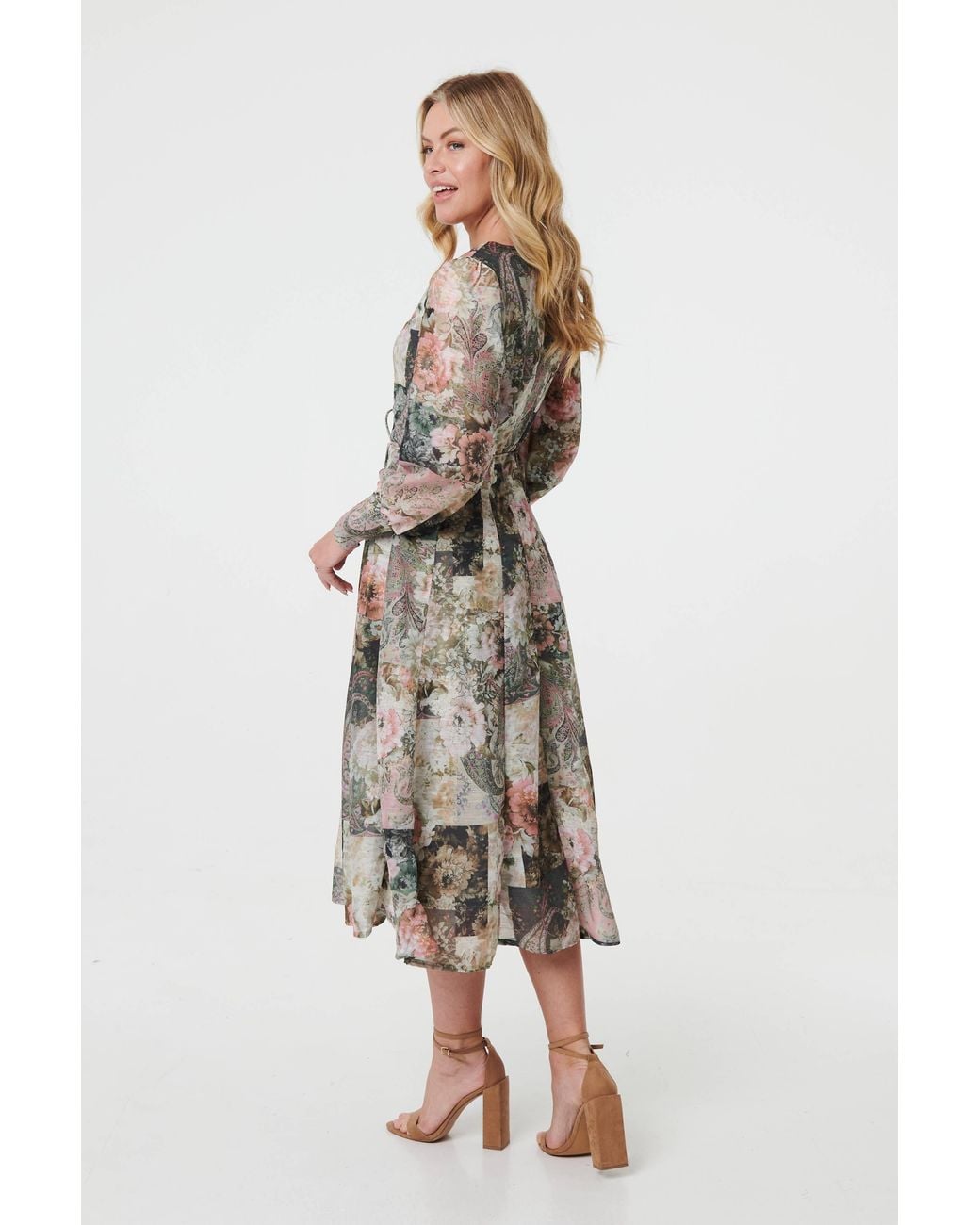 Izabel London Green Patchwork Print Tie Waist Midi Dress