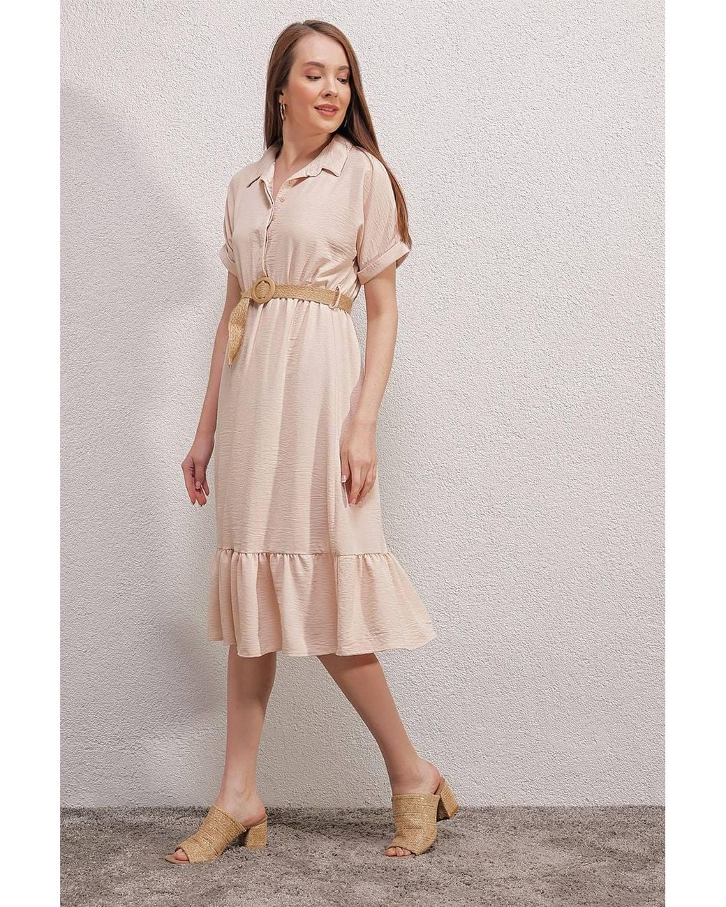 Bigdart Natural Textured Belted Midi Dress With Shirt Collar
