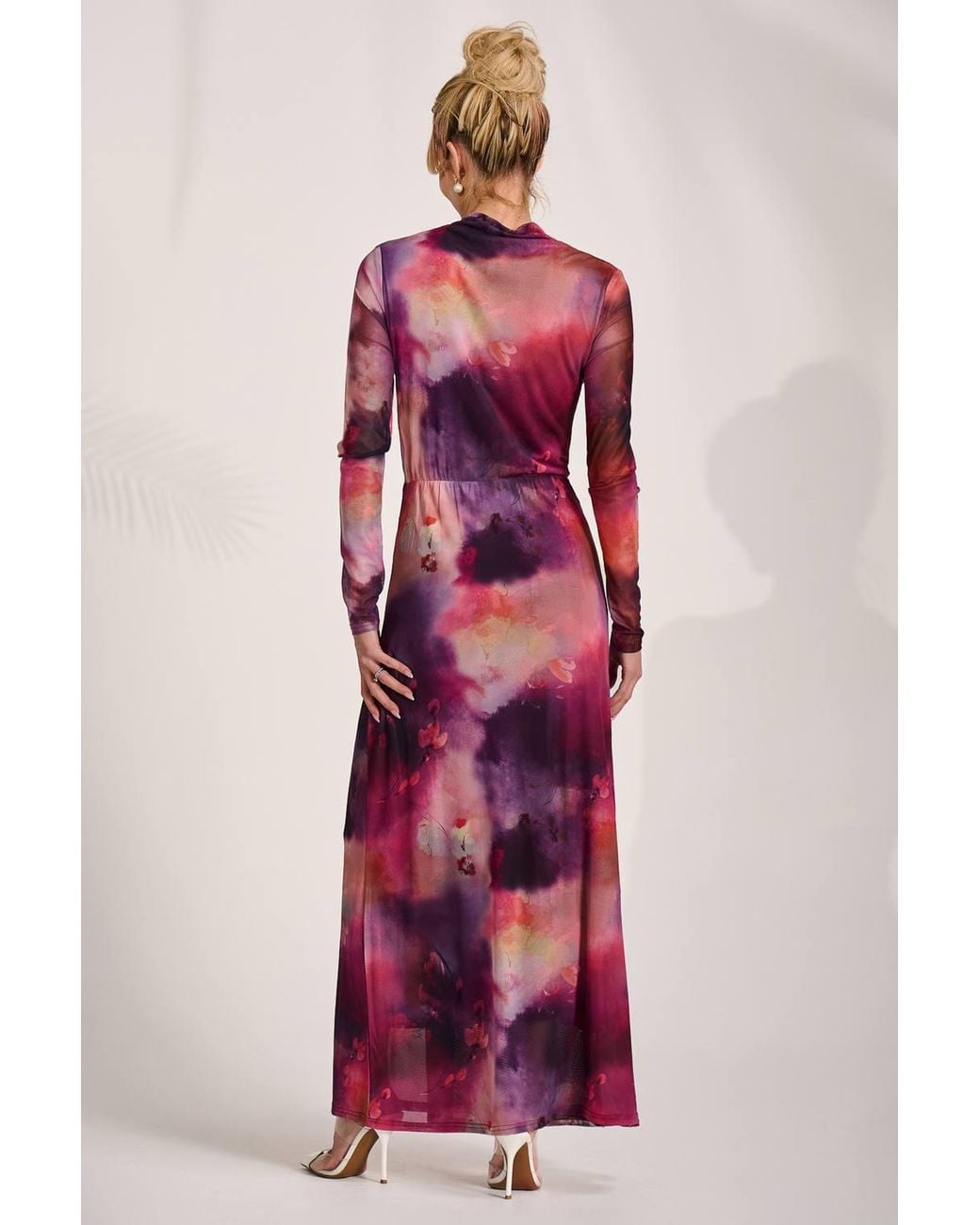 Jolie Moi Red High Neck Long Sleeve Mesh Maxi Dress