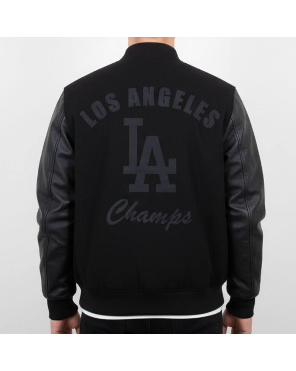 TruClothing Black La Varsity Leather Sleeves Wool Body Bomber Jacket for men