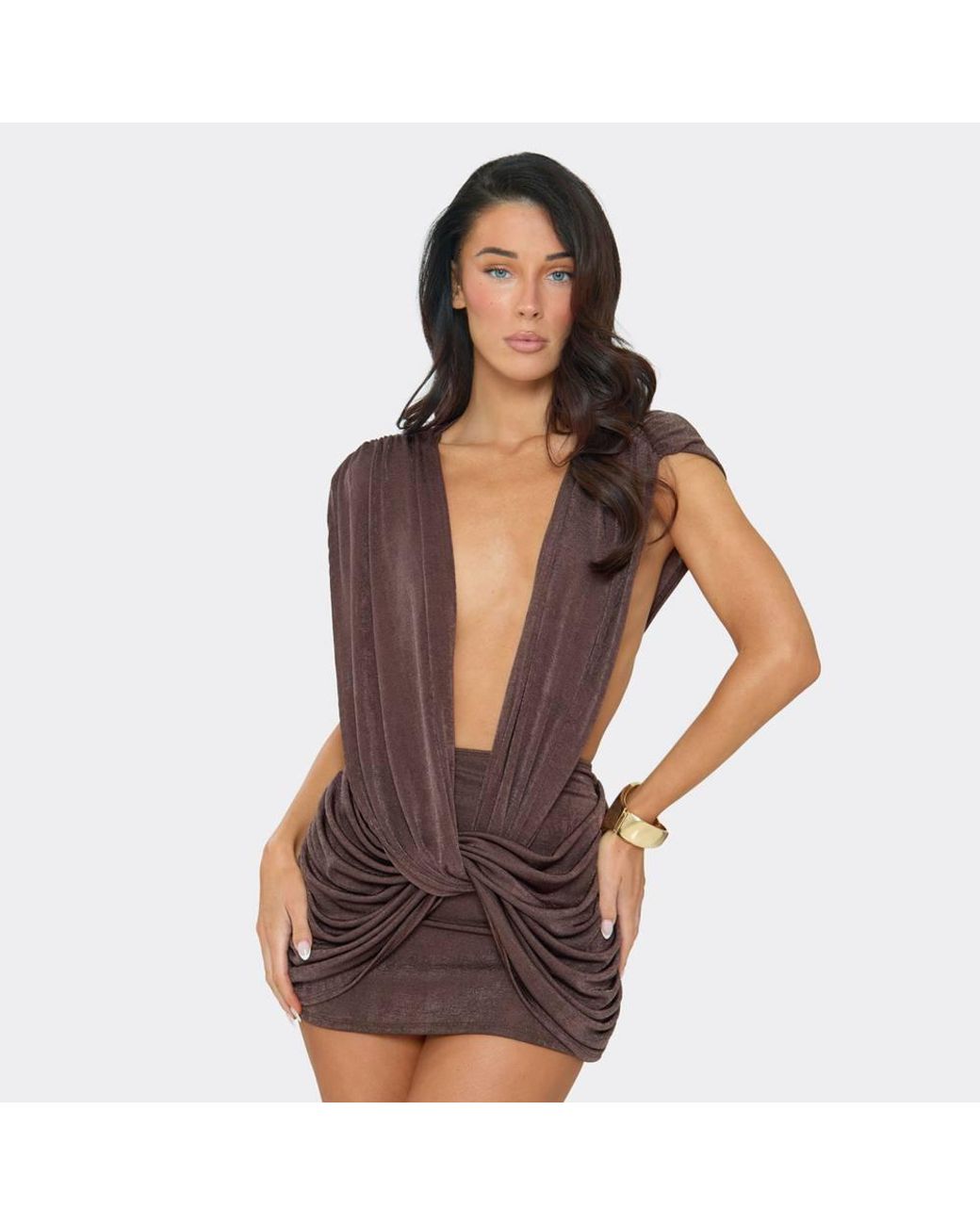 EGO Brown Sleeveless Drape Mini Dress