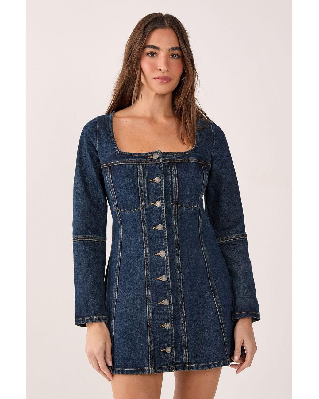 Nasty Gal Green Button Through Long Sleeve Denim Corset Mini Dress