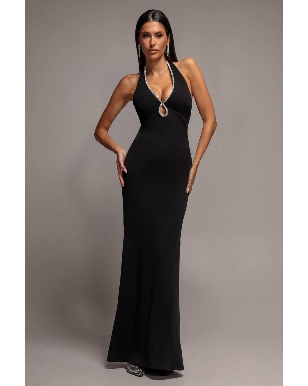 Goddiva Black Diamond Open Back Halter Neck Maxi Dress