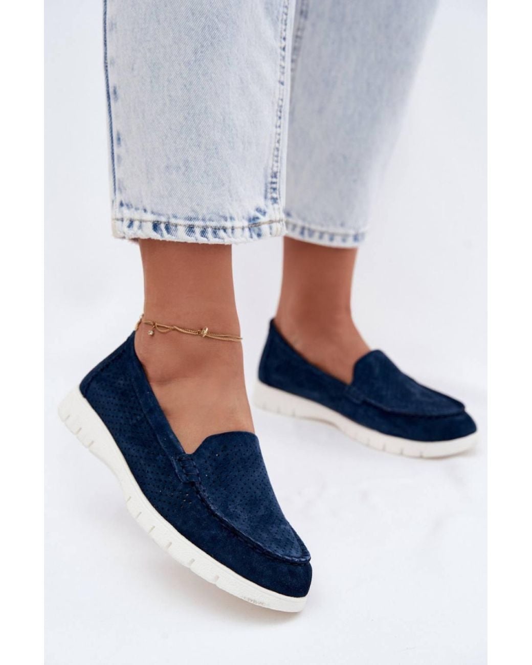Love Lace Blue Vinceza Suede Perforated Moccasins With Cushioned Insole