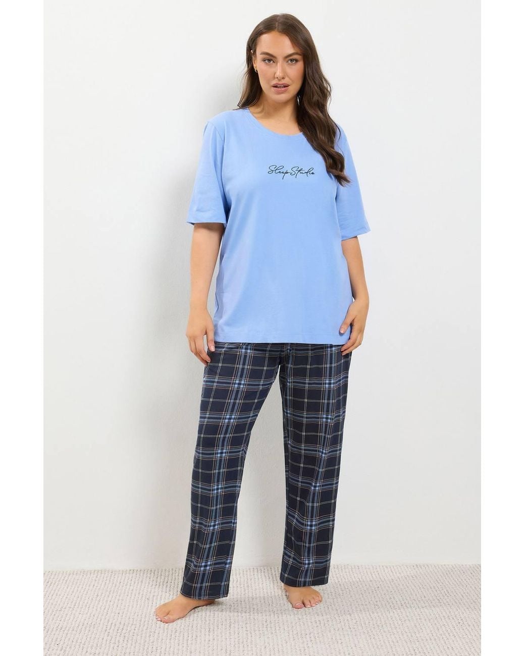 Yours Blue Check Wide Leg Cotton Pyjama Bottoms