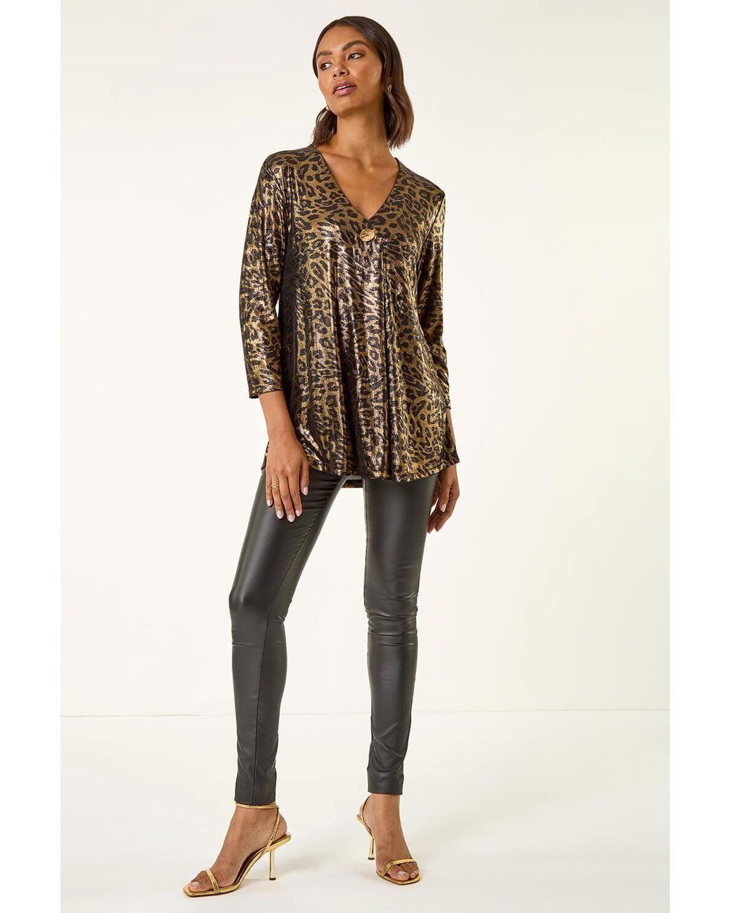 Roman Brown Metallic Animal Print Tunic Top