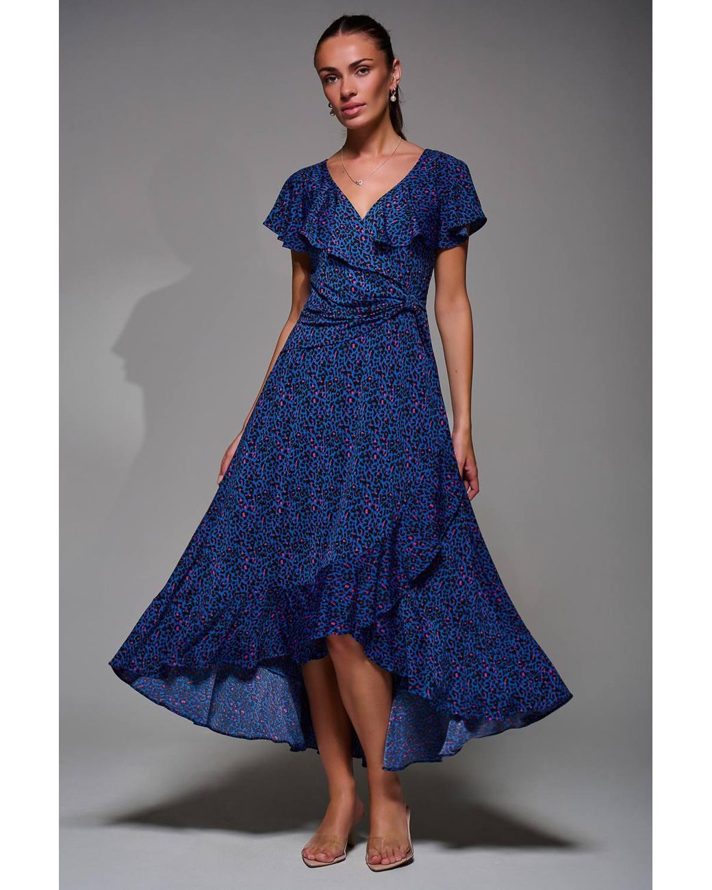 Jolie Moi Blue Animal Print Frill Maxi Dress