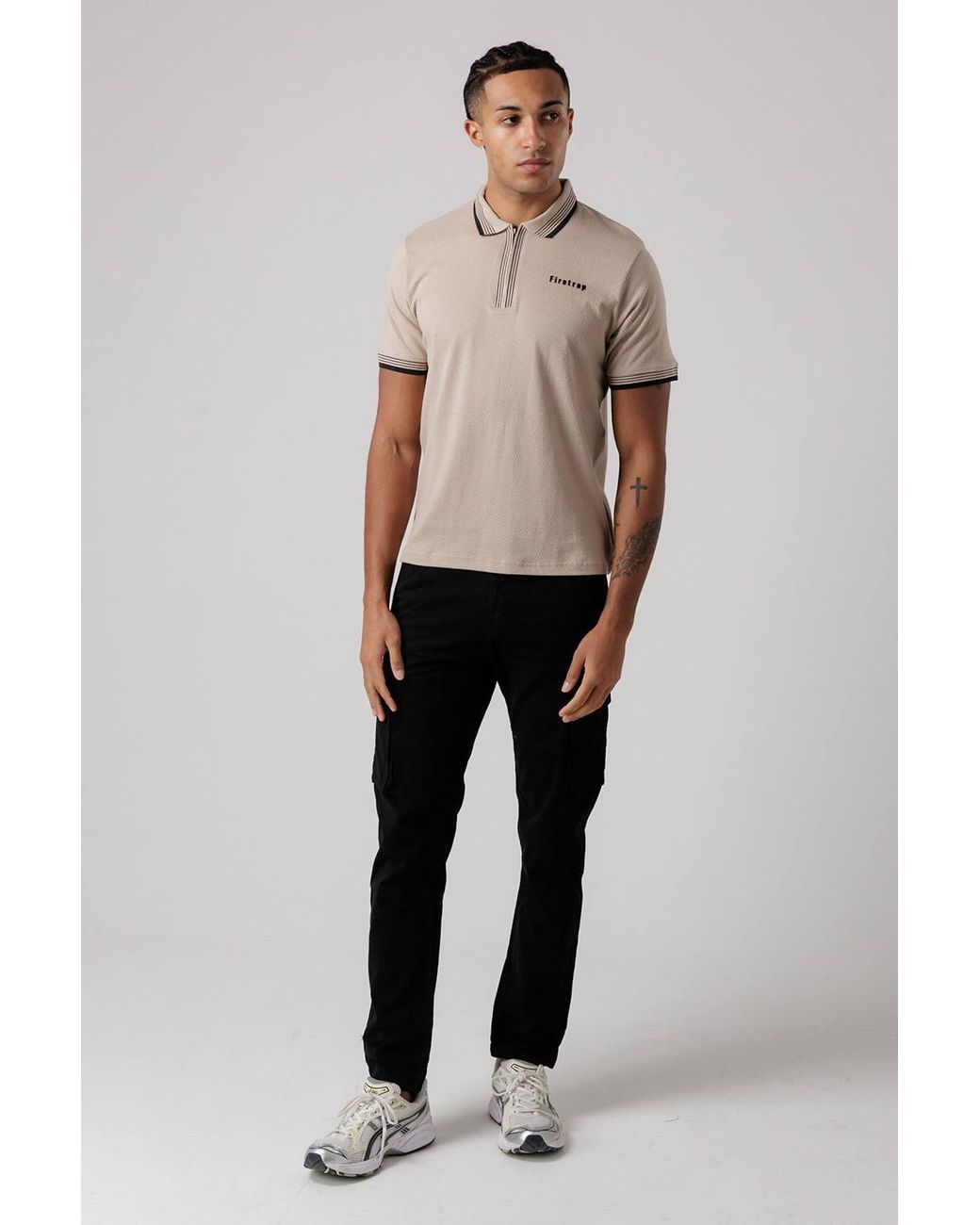 Firetrap Natural Regular Fit Cotton Zip Polo Shirt With Gradient Stripes for men